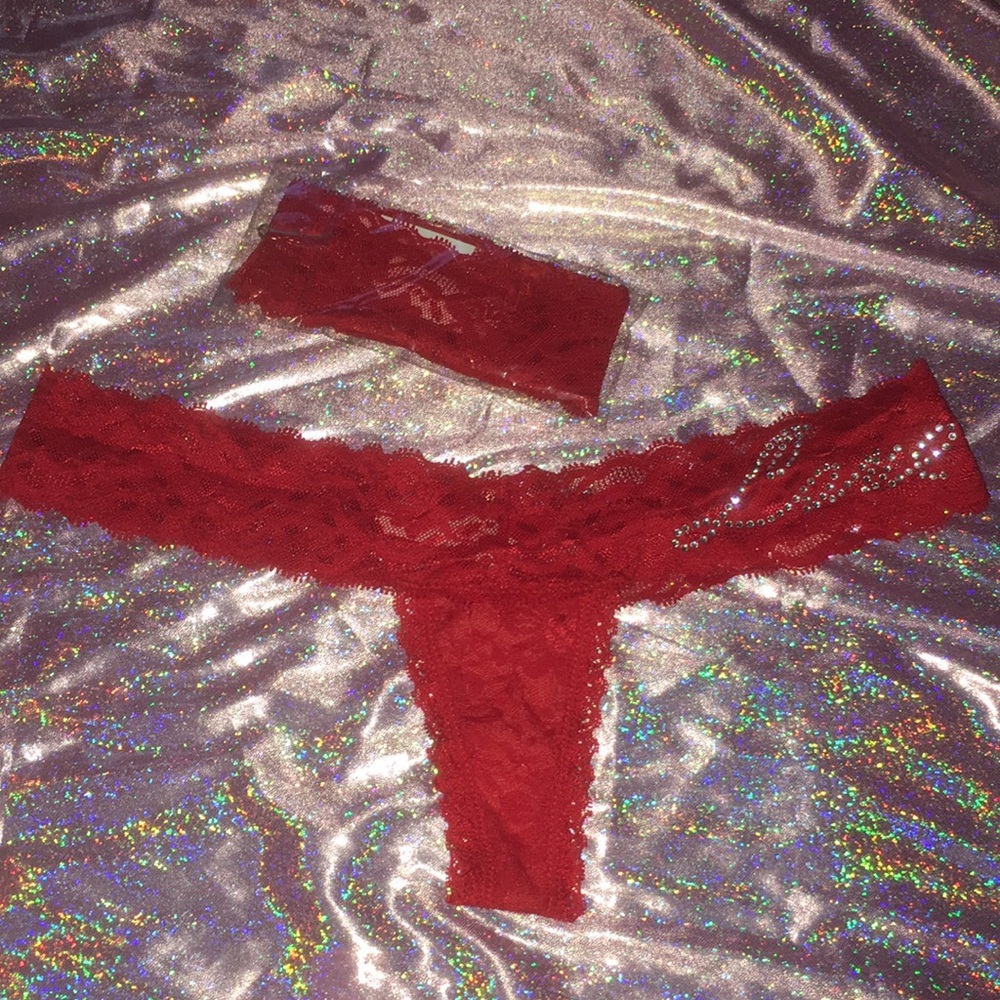 Red Lace Thong Rhinestone Love Detail